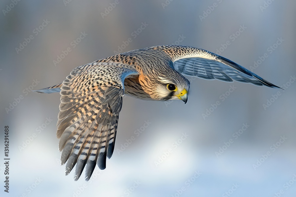 Fototapeta premium A kestrel diving through the frosty air in search of small prey.