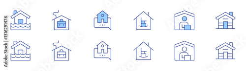 Home icon set in two styles, Duotone and Thin Line style. Editable stroke. flooded house, working at home, home, retirement home, work from home
