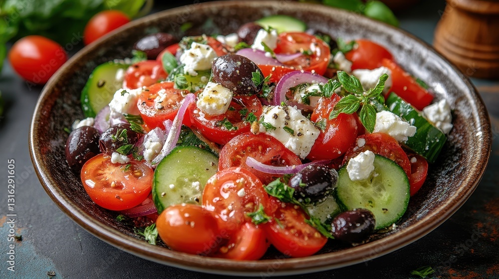 A culinary masterpiece, a symphony of flavors in a vibrant, rustic Greek salad, featuring plump tomatoes, crisp cucumbers, briny Kalamata olives, pungent red onions, and crumbled feta cheese, a A culinary masterpiece, a symphony of flavors in a vibrant, rustic Greek salad, featuring plump tomatoes, crisp cucumbers, briny Kalamata olives, pungent red onions, and crumbled feta cheese, a