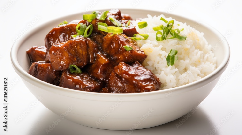 Delicious Filipino Adobo Dish with Rice on a Clean White Background Delicious Filipino Adobo Dish with Rice on a Clean White Background