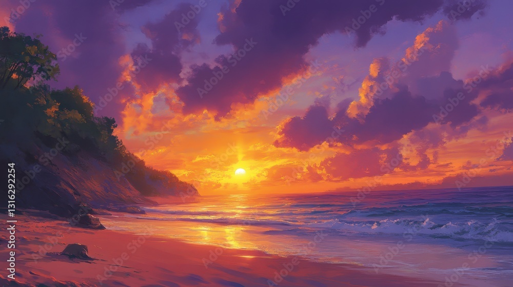 Fototapeta premium A vibrant painting captures a breathtaking sunset over a serene beach, where golden and orange hues blend in the sky. A solitary tree stands on a cliff, silhouetted against the colorful horizon.