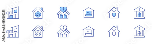 Home icon set in two styles, Duotone and Thin Line style. Editable stroke. modern house, working at home, eco house, home, charnel house, broken