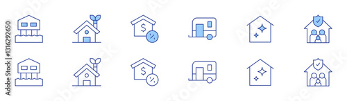 Home icon set in two styles, Duotone and Thin Line style. Editable stroke. stilt house, eco house, mortgage, caravan, clean, family