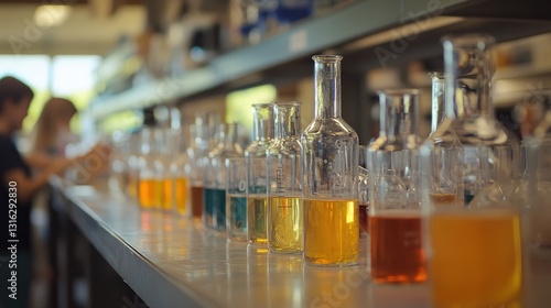 Colorful liquids in laboratory glassware.