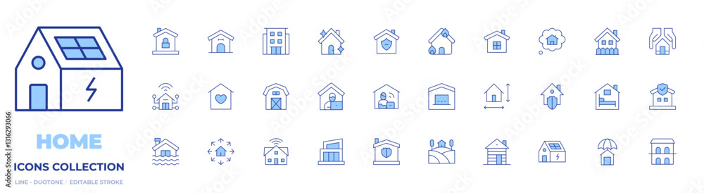 Home icons collection. Line Duotone style, editable stroke. home, house insurance, home insurance, smart home, house on fire, home security, wood house Home icons collection. Line Duotone style, editable stroke. home, house insurance, home insurance, smart home, house on fire, home security, wood house