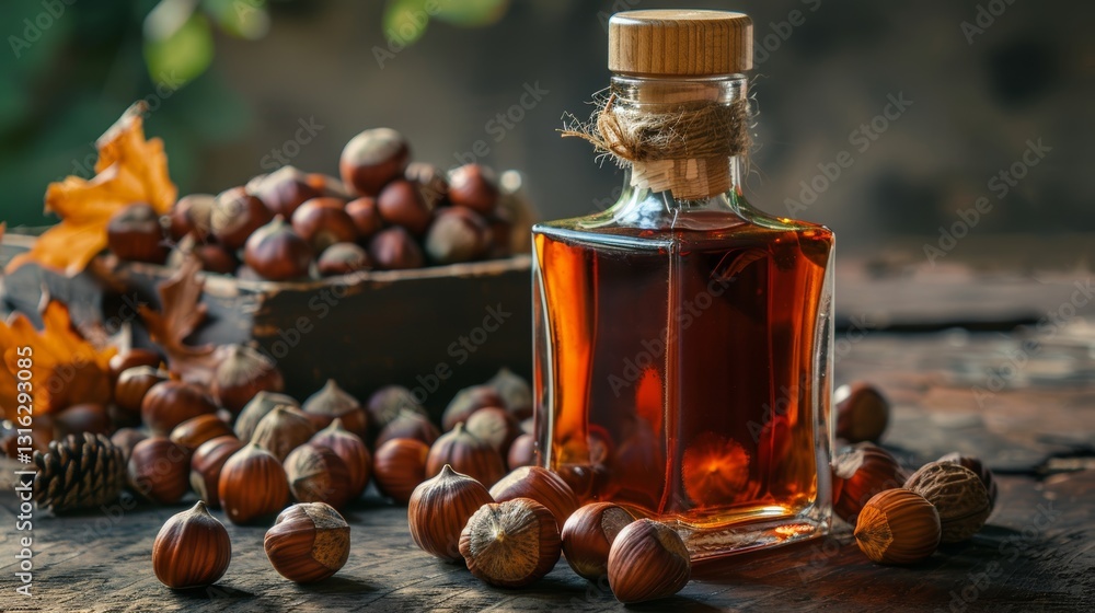 Delicious Hazelnut Liqueur in a Bottle with Surrounding Hazelnuts on a Table Delicious Hazelnut Liqueur in a Bottle with Surrounding Hazelnuts on a Table