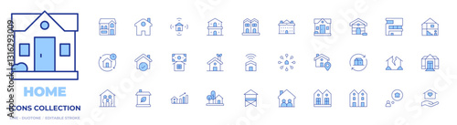 Home icons collection. Line Duotone style, editable stroke. beach house, smart home, dog house, nursing home, houses, house, dolls house, broken family
