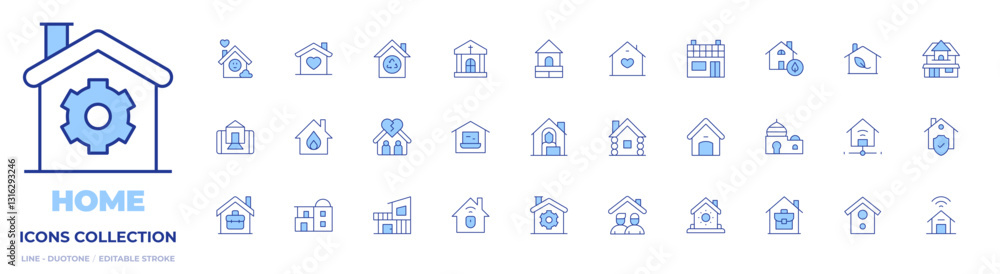 Home icons collection. Line Duotone style, editable stroke. house, modern house, working at home, home, solar house, eco house, work from home, bird house Home icons collection. Line Duotone style, editable stroke. house, modern house, working at home, home, solar house, eco house, work from home, bird house