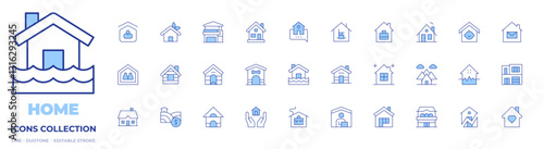 Home icons collection. Line Duotone style, editable stroke. house, shared housing, flooded house, work from home, working at home, nursing home, home