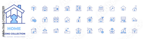Home icons collection. Line Duotone style, editable stroke. house, smart home, home delivery, wood house, repair, terraced house, home repair, eco house