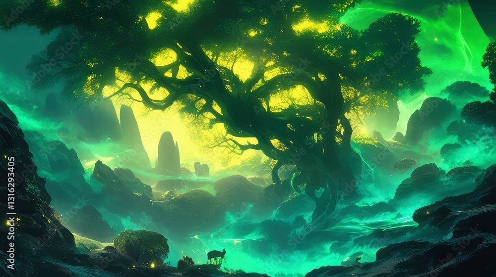 Fototapeta premium Enchanting Mystical Forest Landscape with Ancient Tree and Glowing River