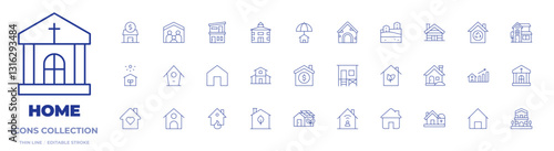 Home icons collection. Thin Line icons, editable stroke. green house, home insurance, eco house, dog house, beach house, big house, octagon house, home