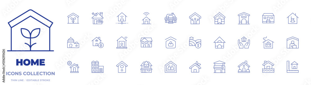 Home icons collection. Thin Line icons, editable stroke. house, home, eco house, shared housing, flooded house, smart house, work from home, bird house Home icons collection. Thin Line icons, editable stroke. house, home, eco house, shared housing, flooded house, smart house, work from home, bird house