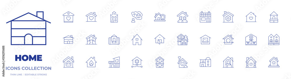 Home icons collection. Thin Line icons, editable stroke. house, modern house, working at home, home, solar house, work from home, wooden house, twin Home icons collection. Thin Line icons, editable stroke. house, modern house, working at home, home, solar house, work from home, wooden house, twin