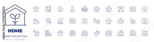 Home icons collection. Thin Line icons, editable stroke. house, home, eco house, shared housing, flooded house, smart house, work from home, bird house