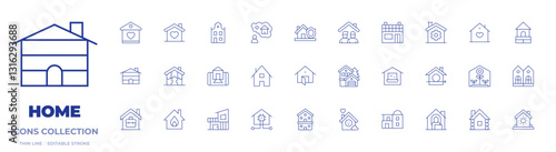 Home icons collection. Thin Line icons, editable stroke. house, modern house, working at home, home, solar house, work from home, wooden house, twin