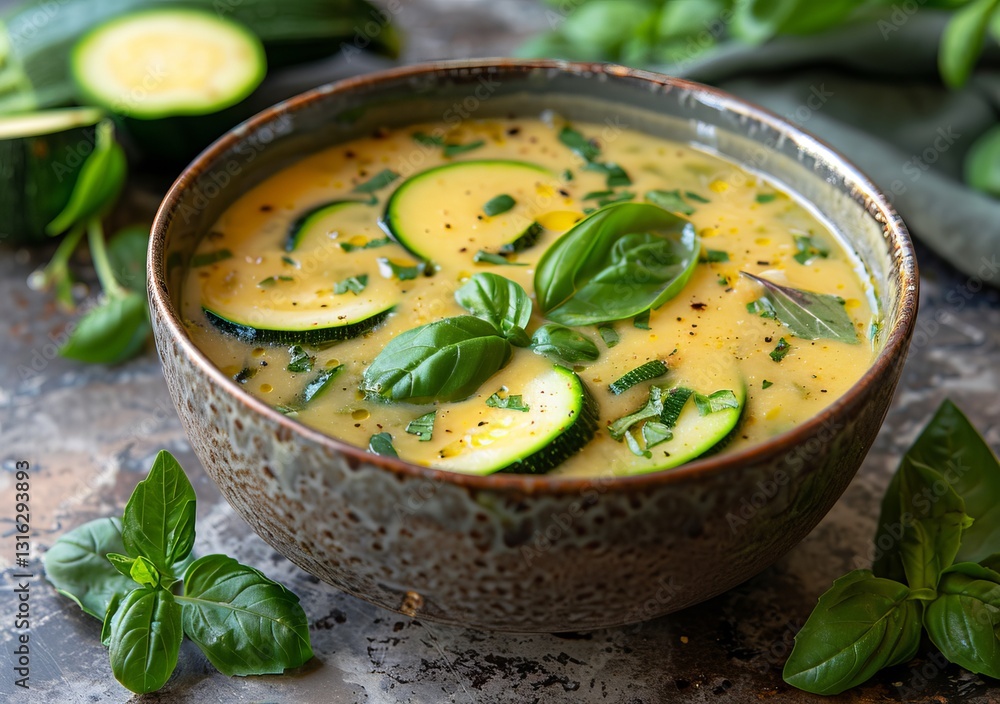 Delicious homemade Creamy zucchini Soup in a bowl from above flat lay shot angle Delicious homemade Creamy zucchini Soup in a bowl from above flat lay shot angle