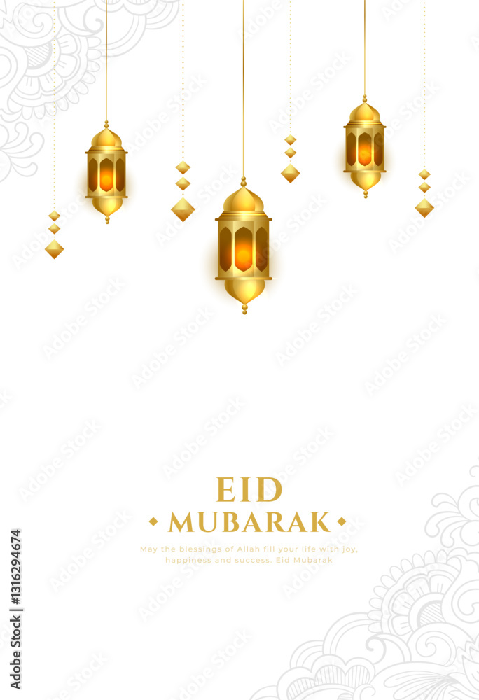 eid mubarak greeting white template with hanging lamp eid mubarak greeting white template with hanging lamp