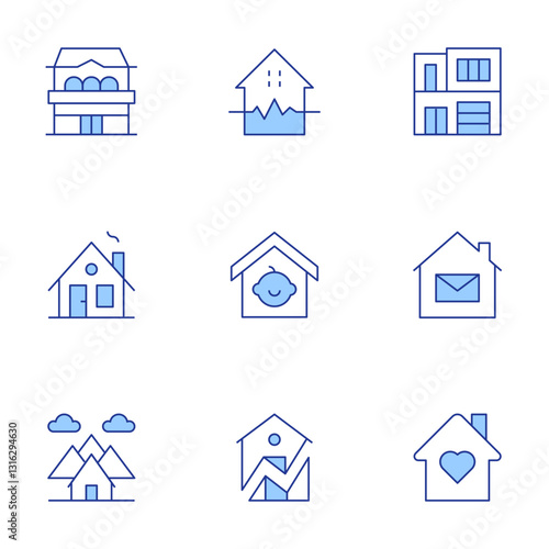 Home icons set. Line Duotone style, editable stroke. house, nursing home, working at home, modern house, child, earthquake, home