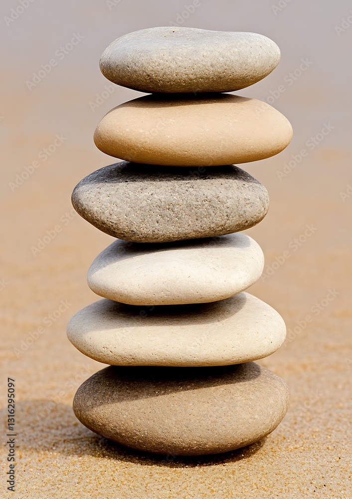 Balanced stones on sand beach; calm and peaceful scene Balanced stones on sand beach; calm and peaceful scene