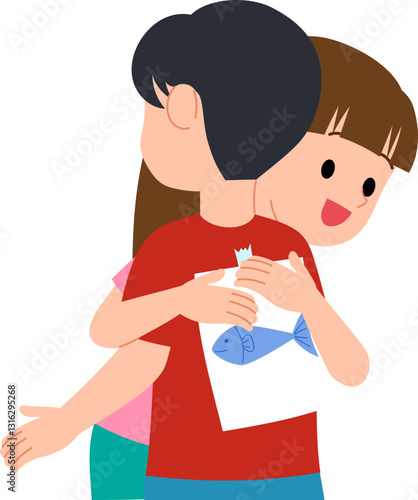 Girl secretly placing a fish picture on friend's back as a prank illustration