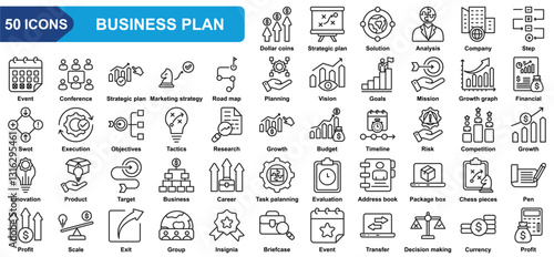 Business plan collection icon set. Strategic plan, Dollar,  Solution, Analysis, Company, Conference, Marketing strategy. Simple line vector.