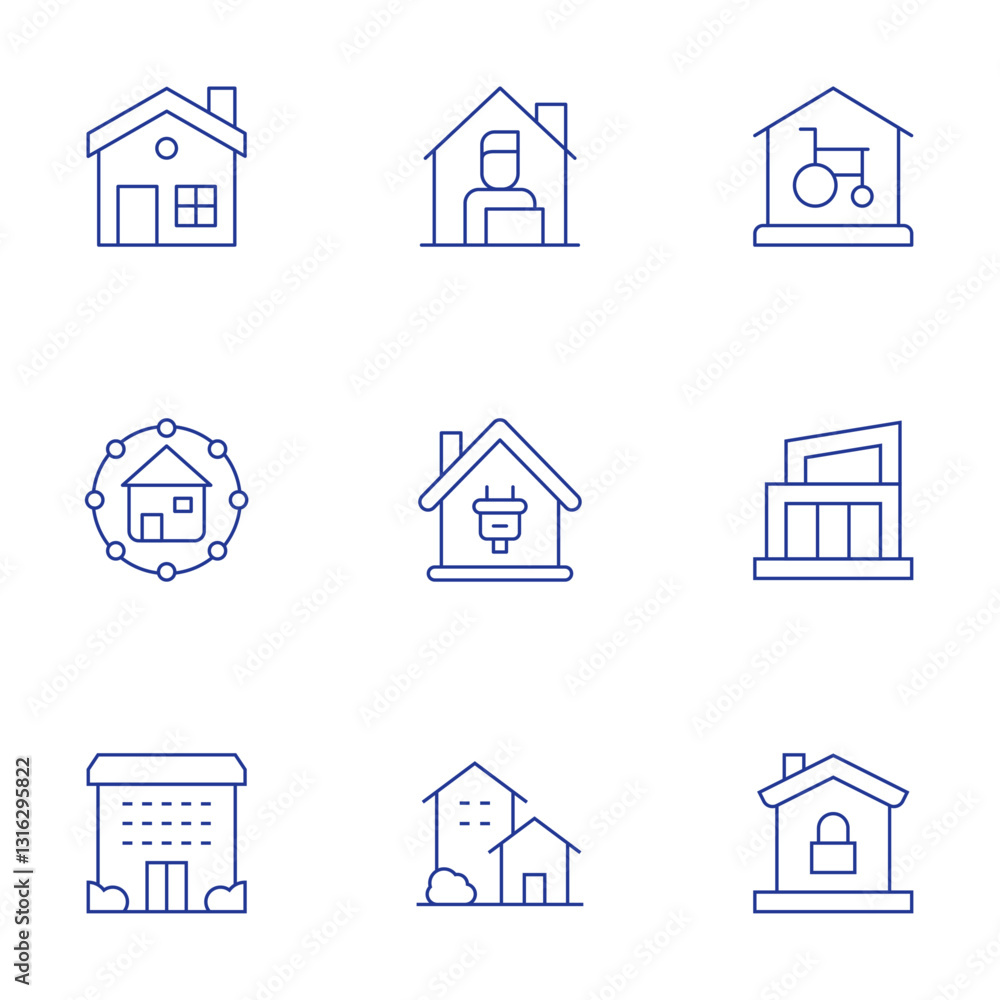 Home icons set. Thin Line style, editable stroke. home, retirement home, elderly home, modern house, home security, work from home, smart home Home icons set. Thin Line style, editable stroke. home, retirement home, elderly home, modern house, home security, work from home, smart home