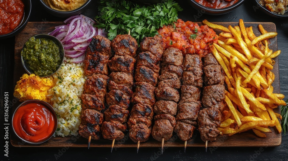 A symphony of savory aromas, a platter of perfectly grilled kebab lamelle, boasting a realistic texture that invites you to savor each bite. Alongside, crispy, golden frites add a delightful crunch, A symphony of savory aromas, a platter of perfectly grilled kebab lamelle, boasting a realistic texture that invites you to savor each bite. Alongside, crispy, golden frites add a delightful crunch,