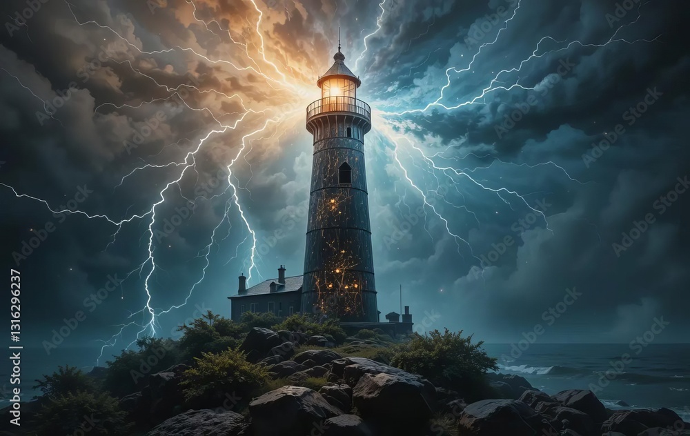 A close-up of a painting with a lighthouse and lightning in a dark space background