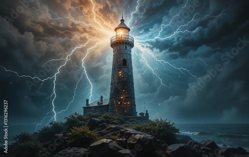 Obraz na płótnie A close-up of a painting with a lighthouse and lightning in a dark space background w salonie