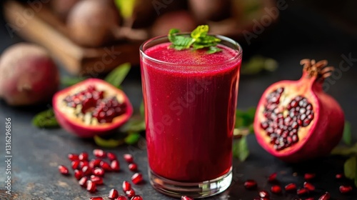 Wallpaper Mural A glass, a vibrant canvas of crimson and ruby, cradles a vibrant concoction of freshly squeezed juice: a verdant elixir infused with the earth is rich beet and pomegranate, a symphony of flavors and Torontodigital.ca