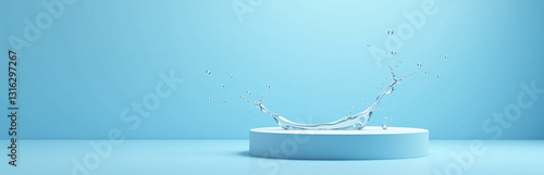 Podium Stands On A Calm Blue Background Featuring An Abstract Water Splash For A Unique Cosmetics Presentation Design.