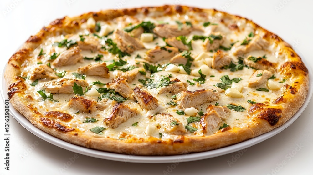 Delicious thin crust chicken pizza with creamy sauce and grilled chicken mozzarella Delicious thin crust chicken pizza with creamy sauce and grilled chicken mozzarella