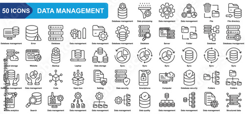 Data management collection icon set. Data processing, File, File directory, Database, Server, Data storage, Data security. Simple line vector.