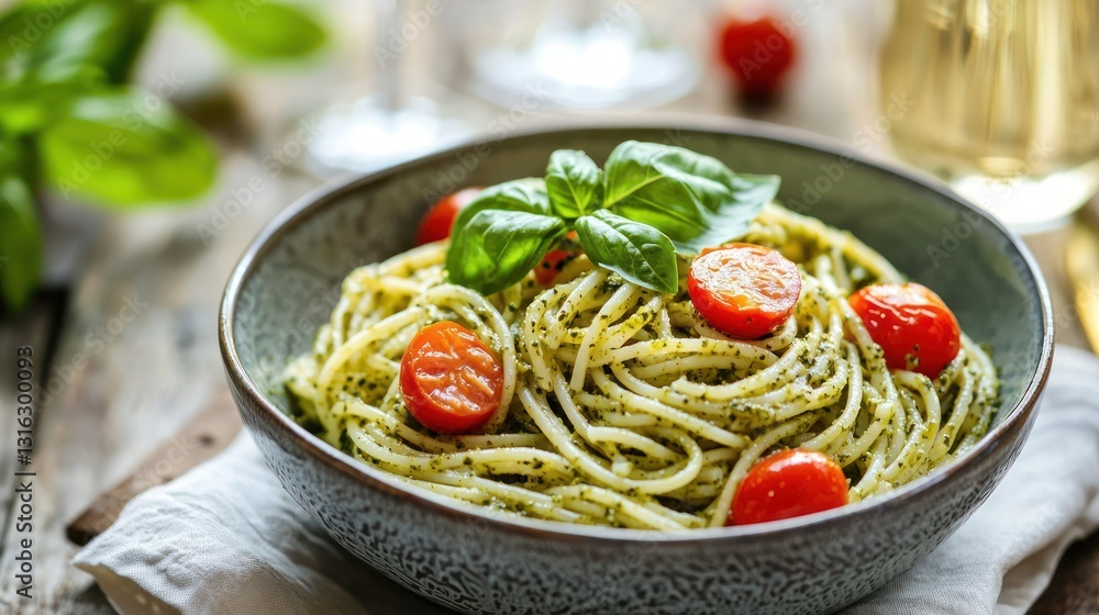 Delicious Pesto Spaghetti with Cherry Tomatoes and Basil Delight in Rustic Bowl Overhead Close Up Delicious Pesto Spaghetti with Cherry Tomatoes and Basil Delight in Rustic Bowl Overhead Close Up