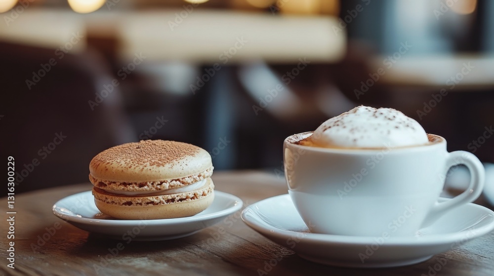 Cozy Cafe Scene with Delicate Macaron and Cappuccino Cozy Cafe Scene with Delicate Macaron and Cappuccino