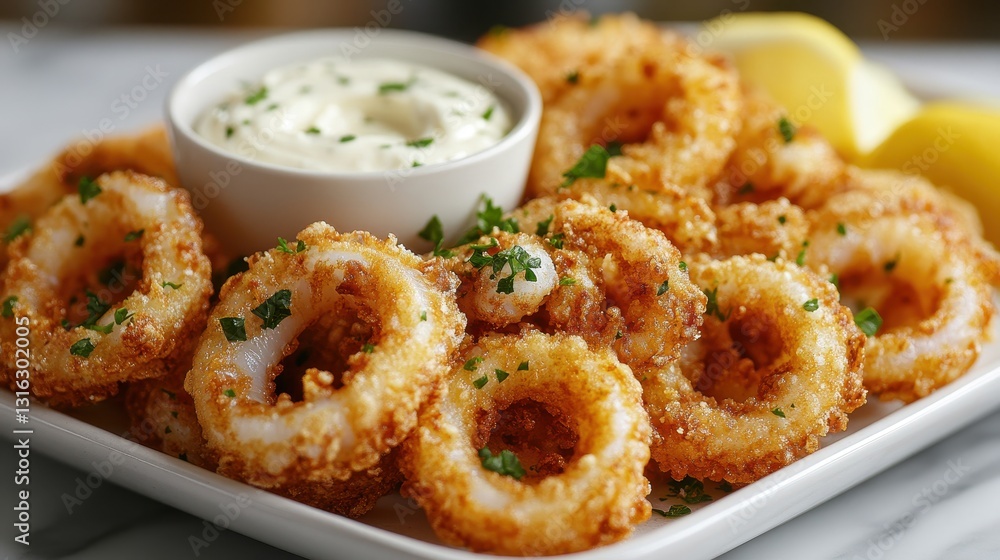 A golden cascade of fried calamari rings, their tentacles glistening with oil, rests on a white platter alongside lemon wedges and a creamy white aioli, ready to tantalize the taste buds. A golden cascade of fried calamari rings, their tentacles glistening with oil, rests on a white platter alongside lemon wedges and a creamy white aioli, ready to tantalize the taste buds.