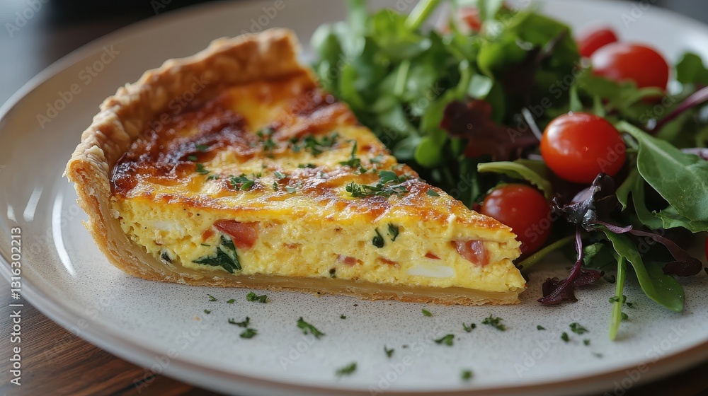A golden halo of buttery flakiness encircles a round white plate, revealing a slice of quiche, its creamy egg filling glistening like jewels. Adjacent to it, a vibrant salad of mixed greens and plump A golden halo of buttery flakiness encircles a round white plate, revealing a slice of quiche, its creamy egg filling glistening like jewels. Adjacent to it, a vibrant salad of mixed greens and plump