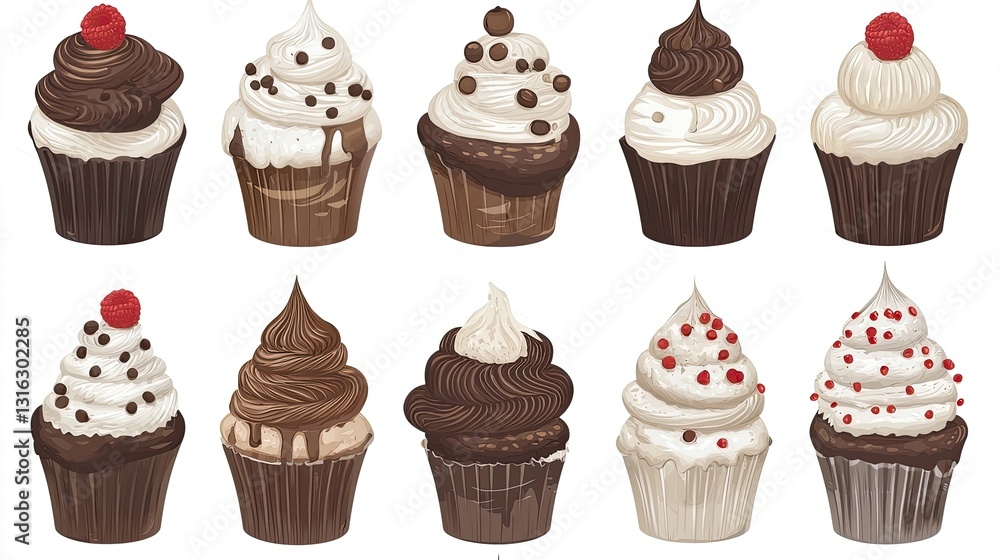 Array of Deliciously Decorated Cupcakes Featuring Various Flavors and Toppings on a White Background Array of Deliciously Decorated Cupcakes Featuring Various Flavors and Toppings on a White Background