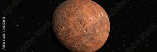 Craters on Mars in Space, showing a planet against a star-filled black background, for science themes