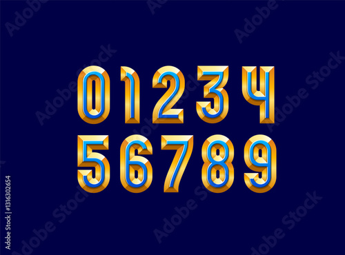 3D facet numbers set, beveled numerals 0 to 9 made in chiseled blocks, vector illustration 10EPS