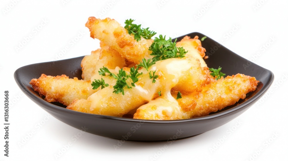 Delicious hot crispy fried cheese sticks served in dark bowl with parsley garnish studio shot Delicious hot crispy fried cheese sticks served in dark bowl with parsley garnish studio shot