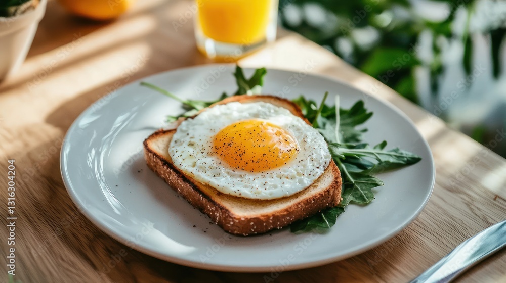Sunny Side Up Egg on Toast Plate Arugula Juice Light Morning Fresh Start Healthy Breakfast Meal Sunny Side Up Egg on Toast Plate Arugula Juice Light Morning Fresh Start Healthy Breakfast Meal