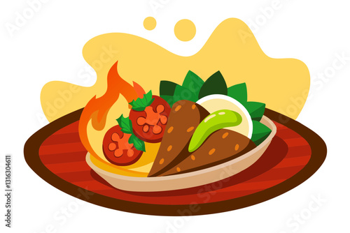 Vibrant Mexican Fajita Platter Vector Art. Beef, Peppers, Tortillas