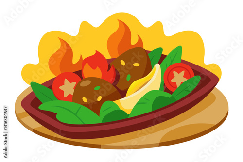 Sizzling Fajitas with Beef, Peppers, and Tortillas Illustration