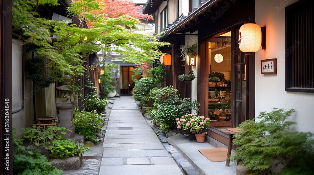 Fototapeta premium Charming narrow street in traditional japanese town surrounded by lush greenery
