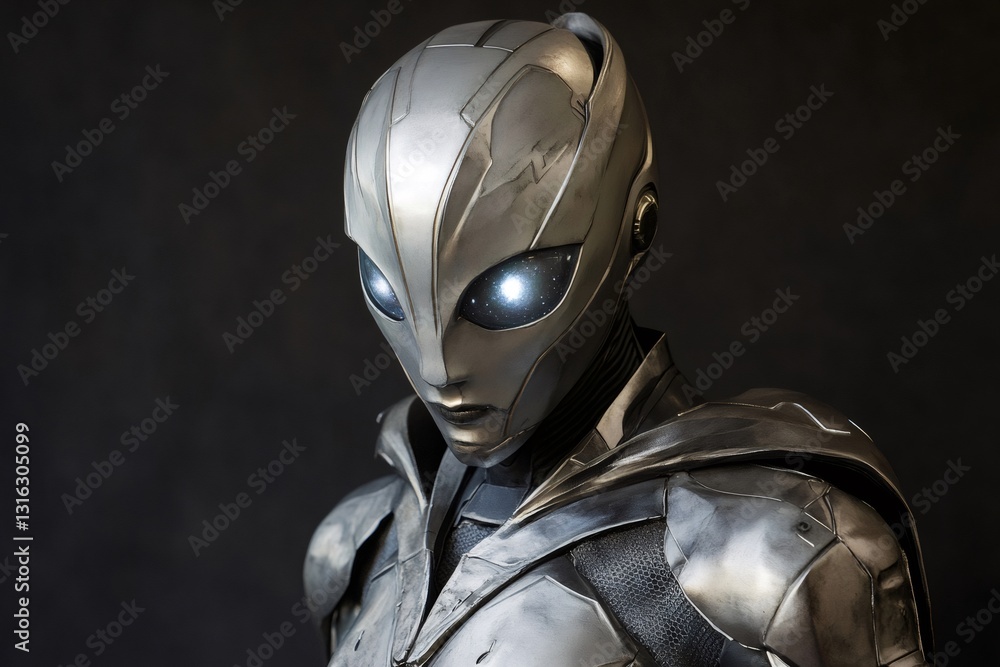 Futuristic humanoid with glowing eyes, wearing a metallic costume and helmet, embodies advanced technology and space exploration Futuristic humanoid with glowing eyes, wearing a metallic costume and helmet, embodies advanced technology and space exploration