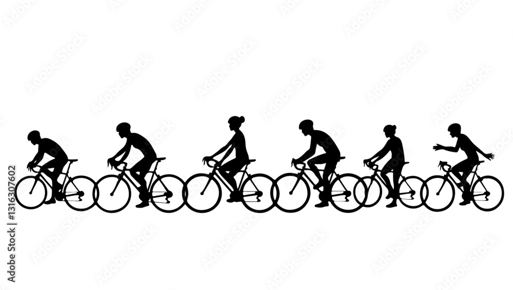 Fototapeta premium Silhouette of a man riding bicycle team, bike, bicycle, sport, silhouette, cycling, cyclist, vector, cycle, biker, people, mountain, biking, illustration, ride, wheel, race, woman, riding, black, exer