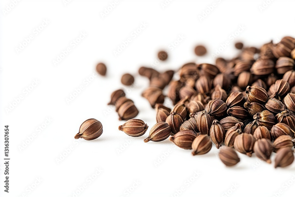 Naklejka premium Aromatic Ammi Seeds Pile on White Backdrop Perfect for Culinary Ingredient and Health Material