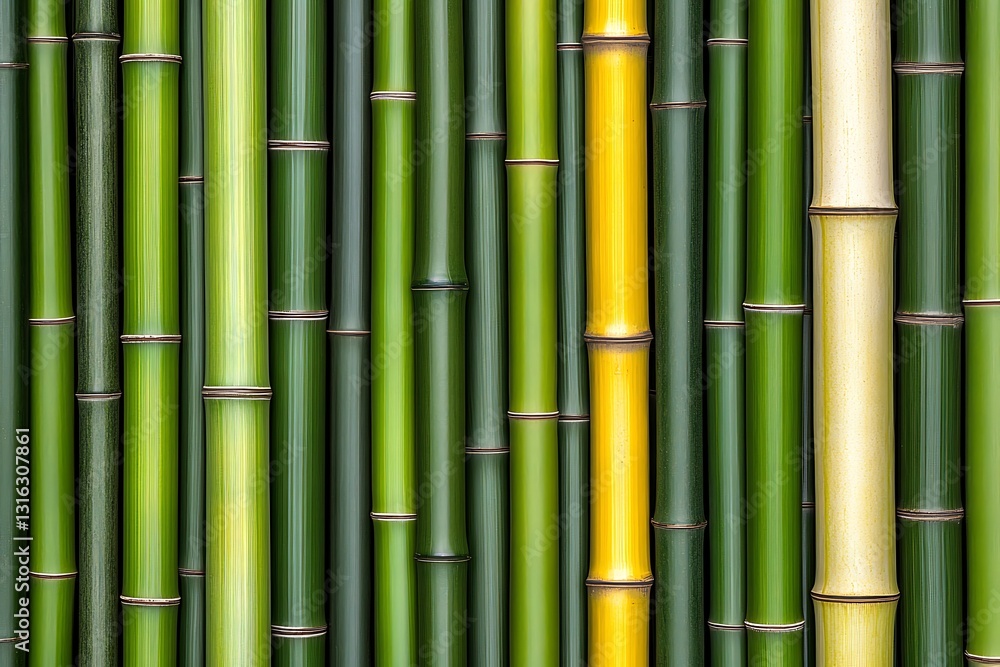 Close-up of vibrant green bamboo stalks with a single yellow stalk, natural pattern Close-up of vibrant green bamboo stalks with a single yellow stalk, natural pattern